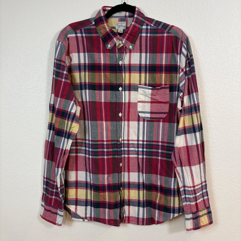 J.Crew Button Down Shirt Mens L Red Plaid Slim Fit Indian Madras Preppy Heritage